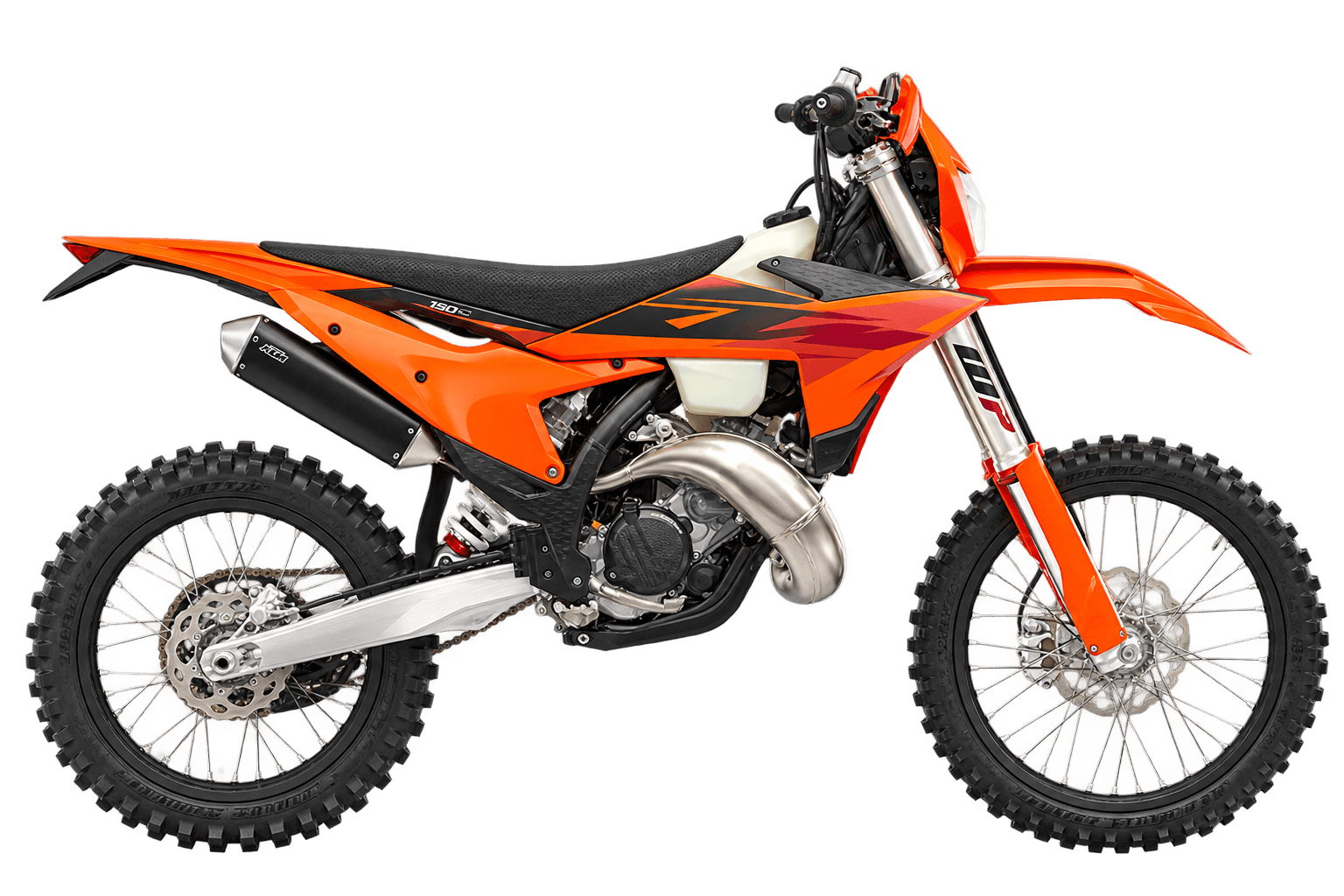 KTM-style 150cc enduro motorcycle, isolated right-side product view