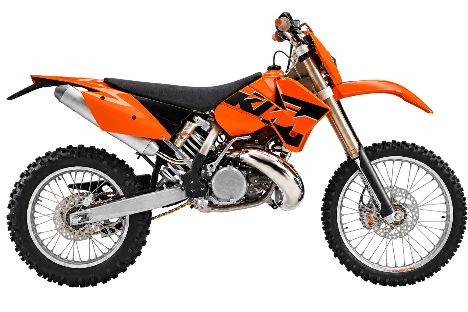 KTM-style 200cc enduro motorcycle, isolated right-side product view