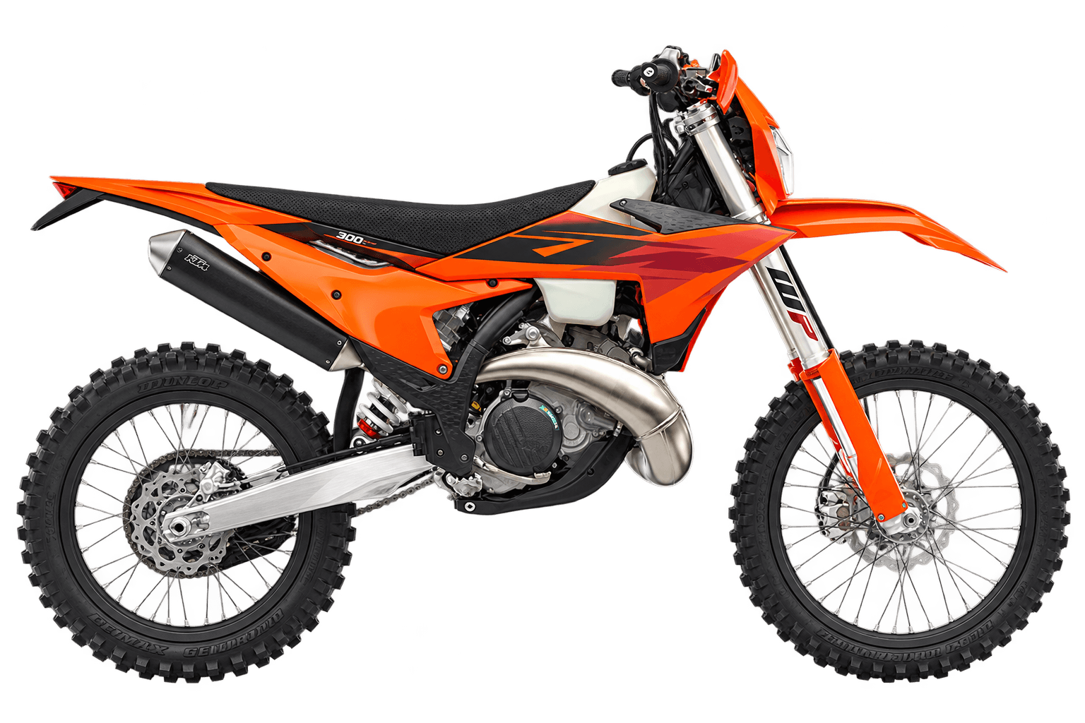 KTM-style 300cc enduro motorcycle, isolated right-side product view